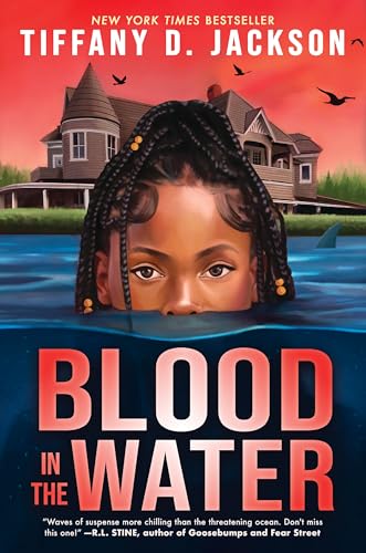 Girl's head in water with house and birds in the background, ominous orange sky.