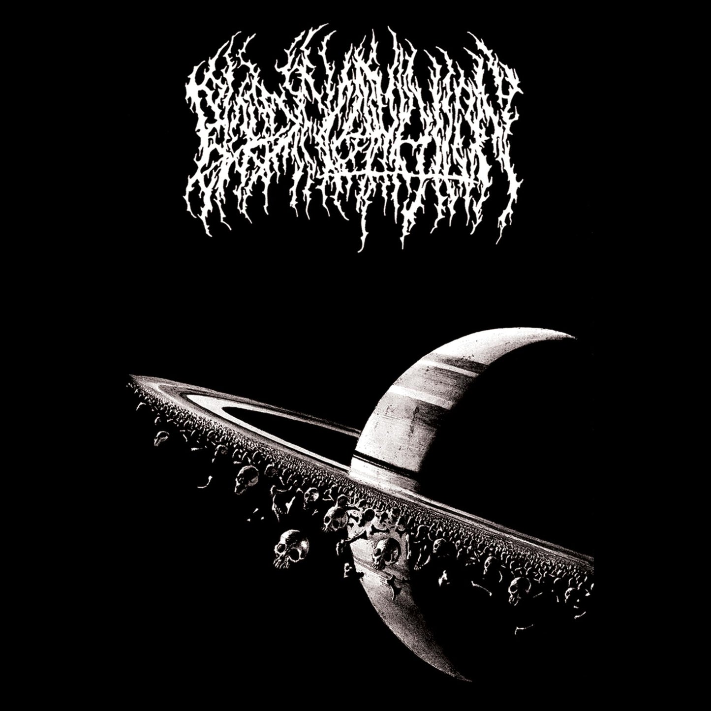 Black and white illustration of a ringed planet surrounded by floating human skulls.