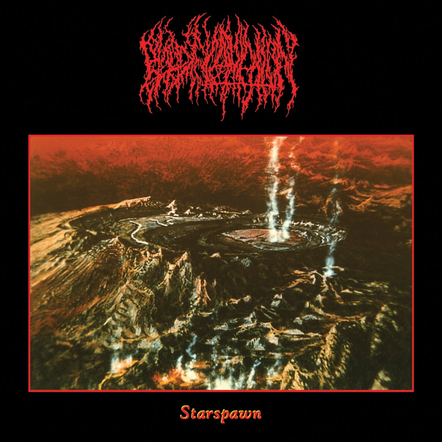 Album cover for Blood Incantation’s “Starspawn” featuring a fiery, otherworldly landscape.