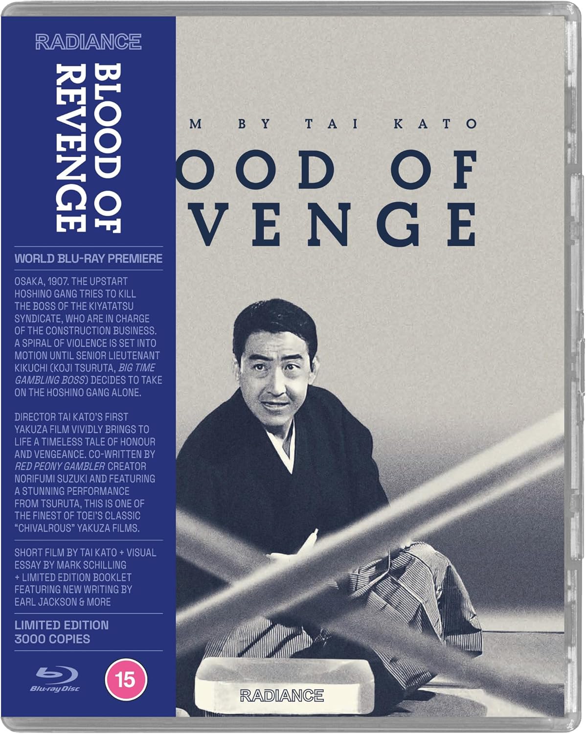 Blu-ray cover for "Blood of Revenge" featuring a smiling man in a suit.