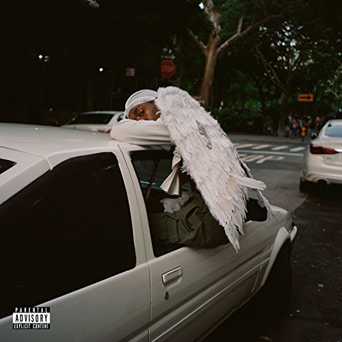 Person with angel wings leans out of a car window.