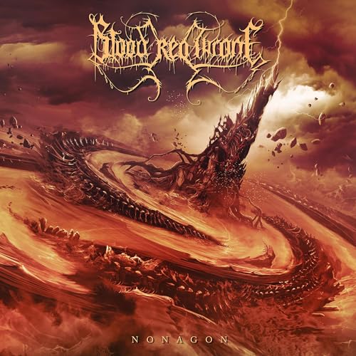 Album cover for Blood Red Throne’s “Nonagon” featuring fiery, chaotic landscape.