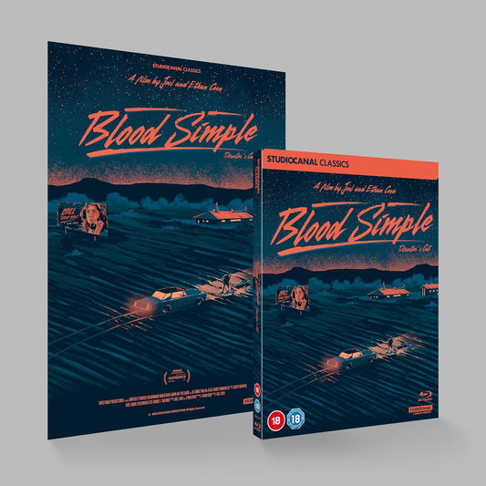 Blood Simple" Blu-ray case and disc, featuring a dark, illustrated landscape.