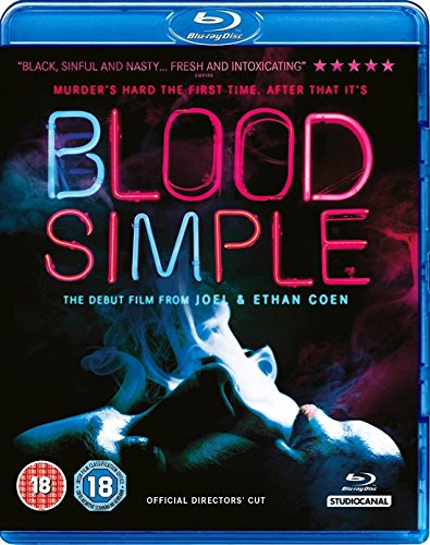 Blood Simple" Blu-ray cover with neon text and a shadowy figure.