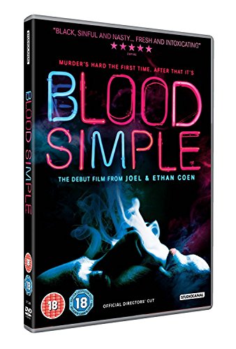 Blood Simple" DVD cover with neon title, smoky image, and age rating.