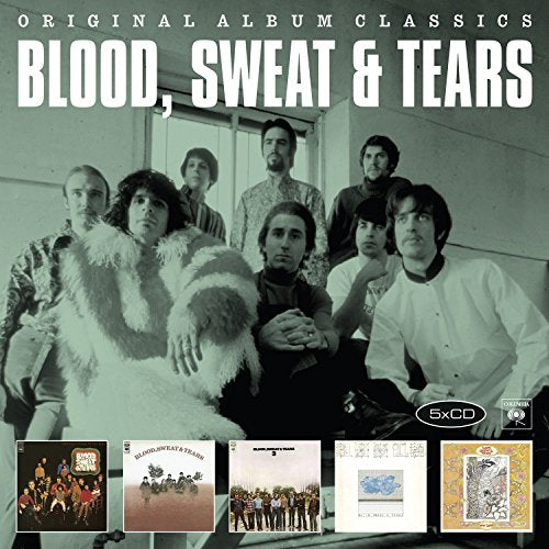 Black and white photo of Blood, Sweat & Tears with five album covers below.