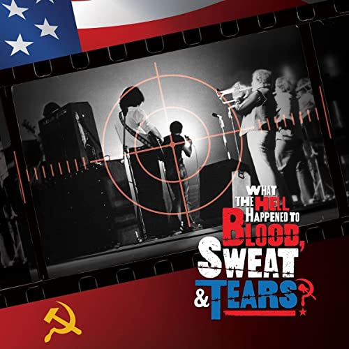 Black and white photo of a band with a red target overlay and text.