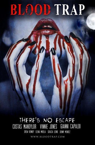 “Blood Trap” Blu-ray cover: woman with blood dripping from hands and lips.