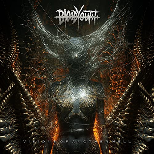 Dark album cover featuring a distorted figure engulfed in fiery web-like structures.