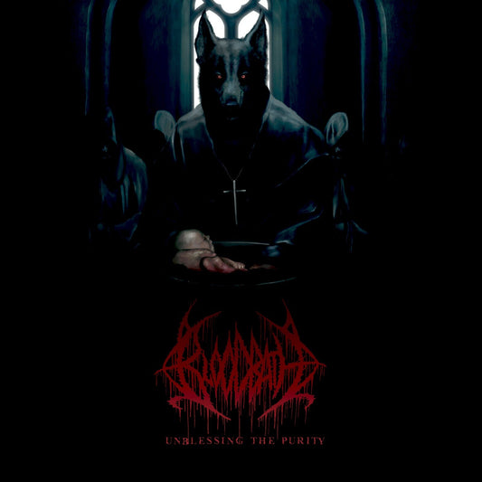 A wolf-like figure in a robe holds a baby before a red metal logo.