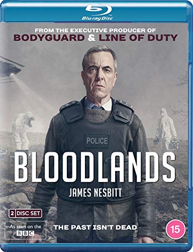 Blue-ray case cover for "Bloodlands" featuring James Nesbitt in a police vest.