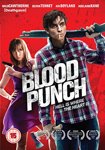 A man with a shotgun and a woman with a handgun on red background.
