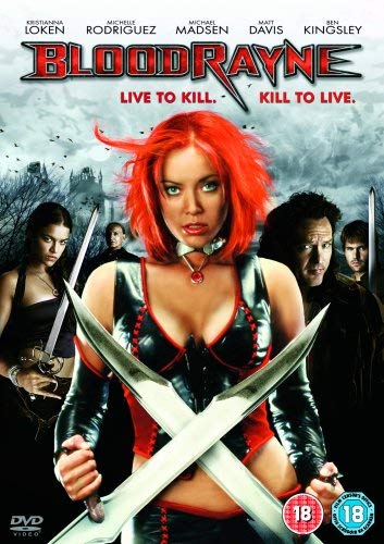 DVD cover for Bloodrayne featuring a red-haired woman holding crossed blades in the foreground.