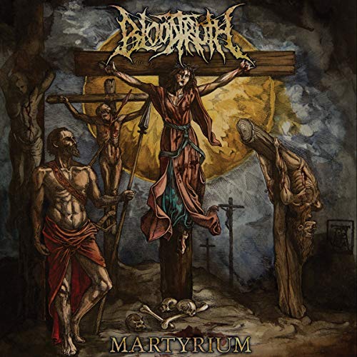 "Album cover art depicting a crucifixion scene with three figures and skeletal remains."