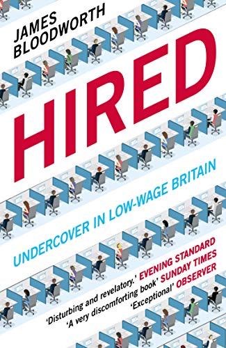 Book cover showing a pattern of office cubicles with workers, titled Hired in red.