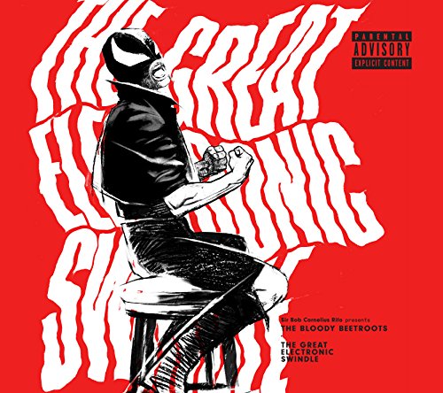 Album cover with a man on a stool against a red background.