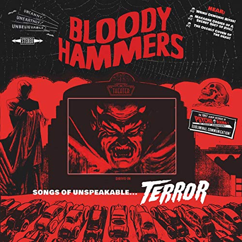 "Album cover with red and black artwork, featuring a demonic face on a TV screen."