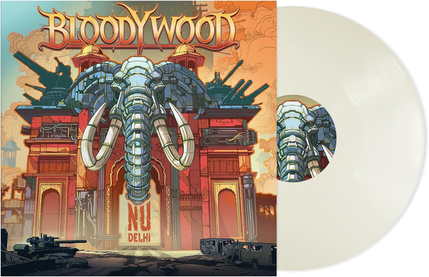 Bloodywood Nu Delhi vinyl record featuring a mechanical elephant illustration and white vinyl disc.