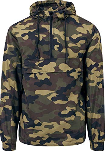 Camouflage hooded jacket with a front pocket and zipper closure.
