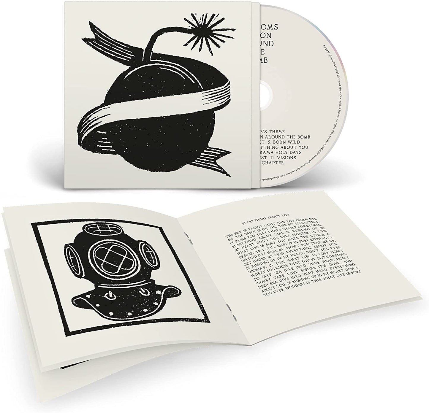 CD case for Blossoms’ “Ribbon Around The Bomb” with black and white artwork.
