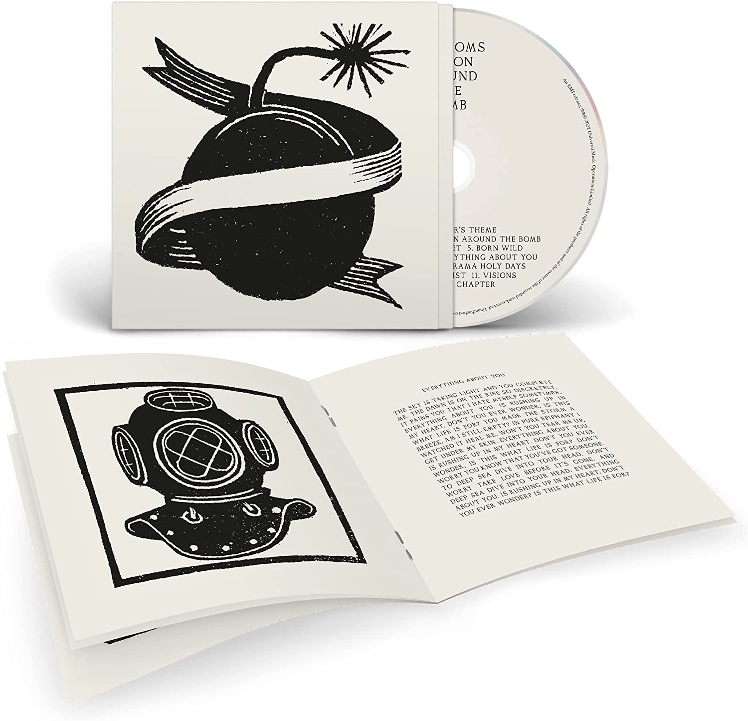 CD case for Blossoms’ “Ribbon Around The Bomb” with black and white artwork.