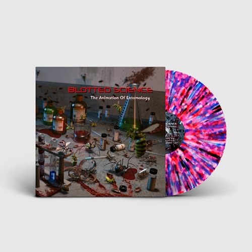 Album cover showing a laboratory with insects and a pink, blue, and black vinyl.