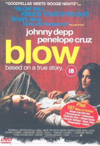 DVD cover for the film Blow featuring Johnny Depp and Penelope Cruz on red background.