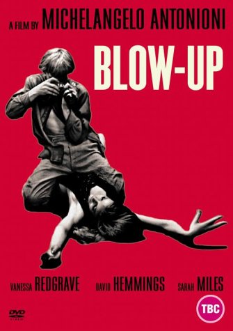 Red movie poster for "Blow-Up" featuring a man with a camera and a woman.