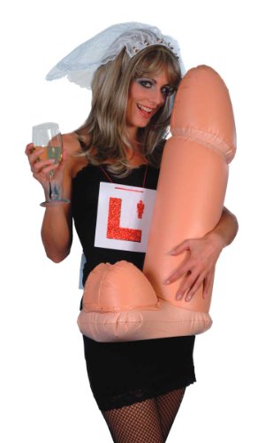Woman embracing a large, inflatable phallic object while holding a drink.