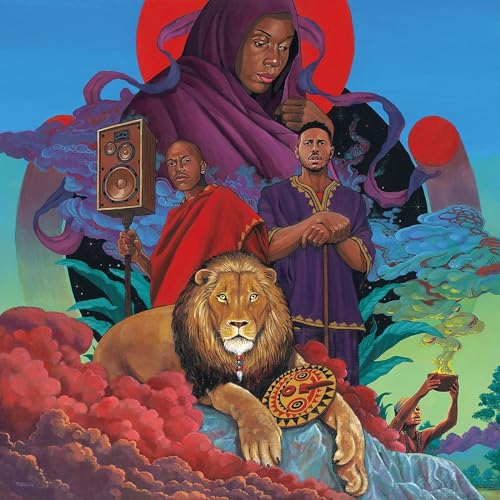 Painted album cover featuring people, a lion, and celestial elements.