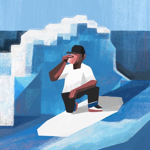 Album cover: man in cap crouching, stylized waves in blue tones.