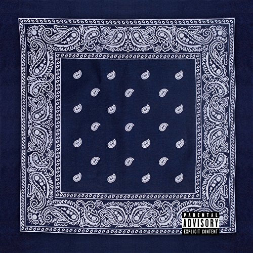 Blue bandana with white paisley pattern and parental advisory label.