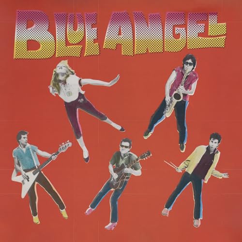 Album cover featuring the band Blue Angel on a red background with halftone text.