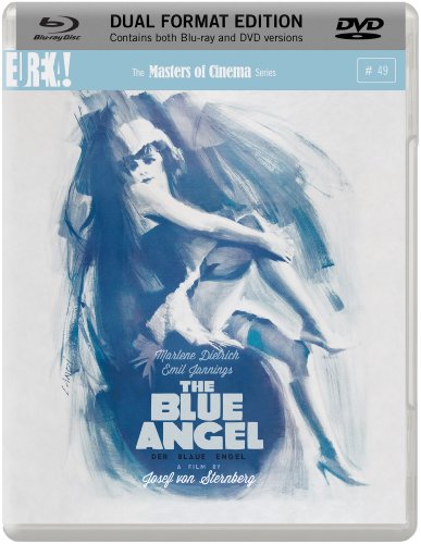 Blu-ray cover for "The Blue Angel" featuring Marlene Dietrich in a blue dress.