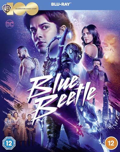 “Blue Beetle” Blu-ray cover featuring the superhero and cast members.