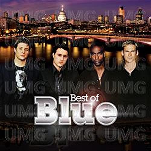 The four members of the band Blue stand before a night cityscape of London.