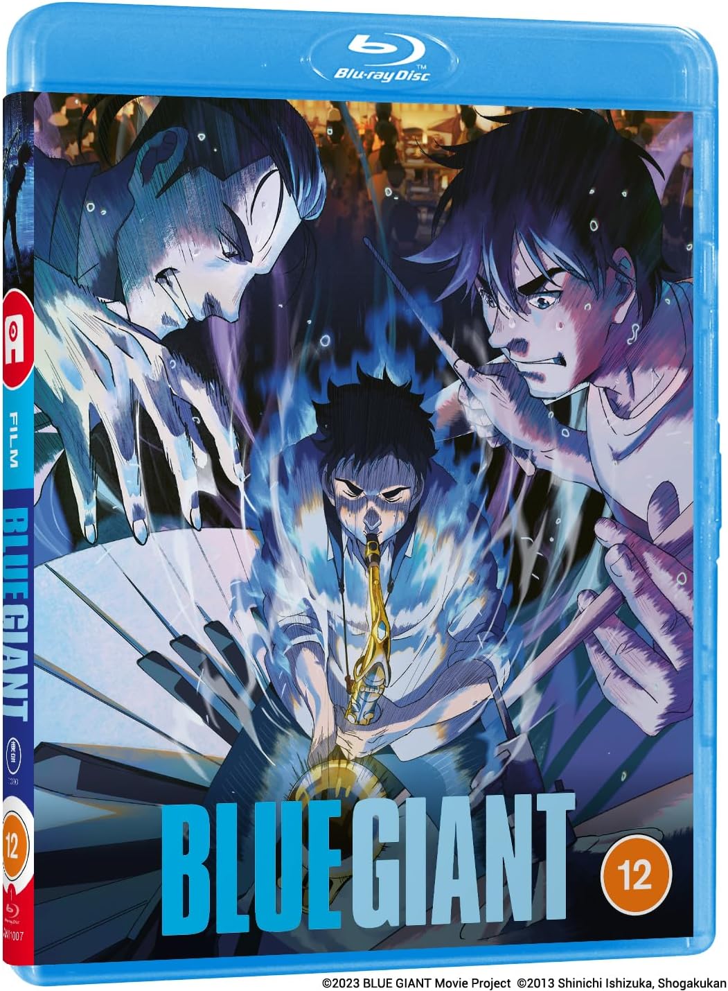 “Blue Giant” Blu-ray cover featuring anime characters and abstract blue energy.
