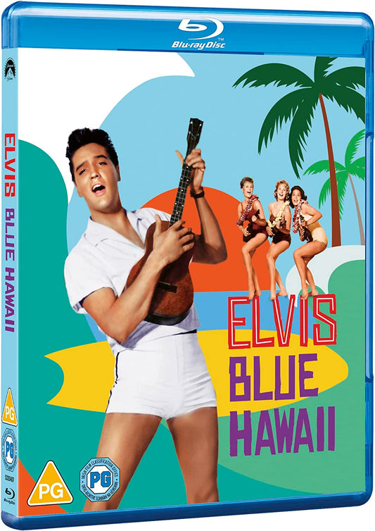 Elvis Presley playing a ukulele on the Blue Hawaii Blu-ray cover with palm trees.