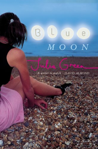 Book cover: woman sitting on a pebble beach, blue sky.