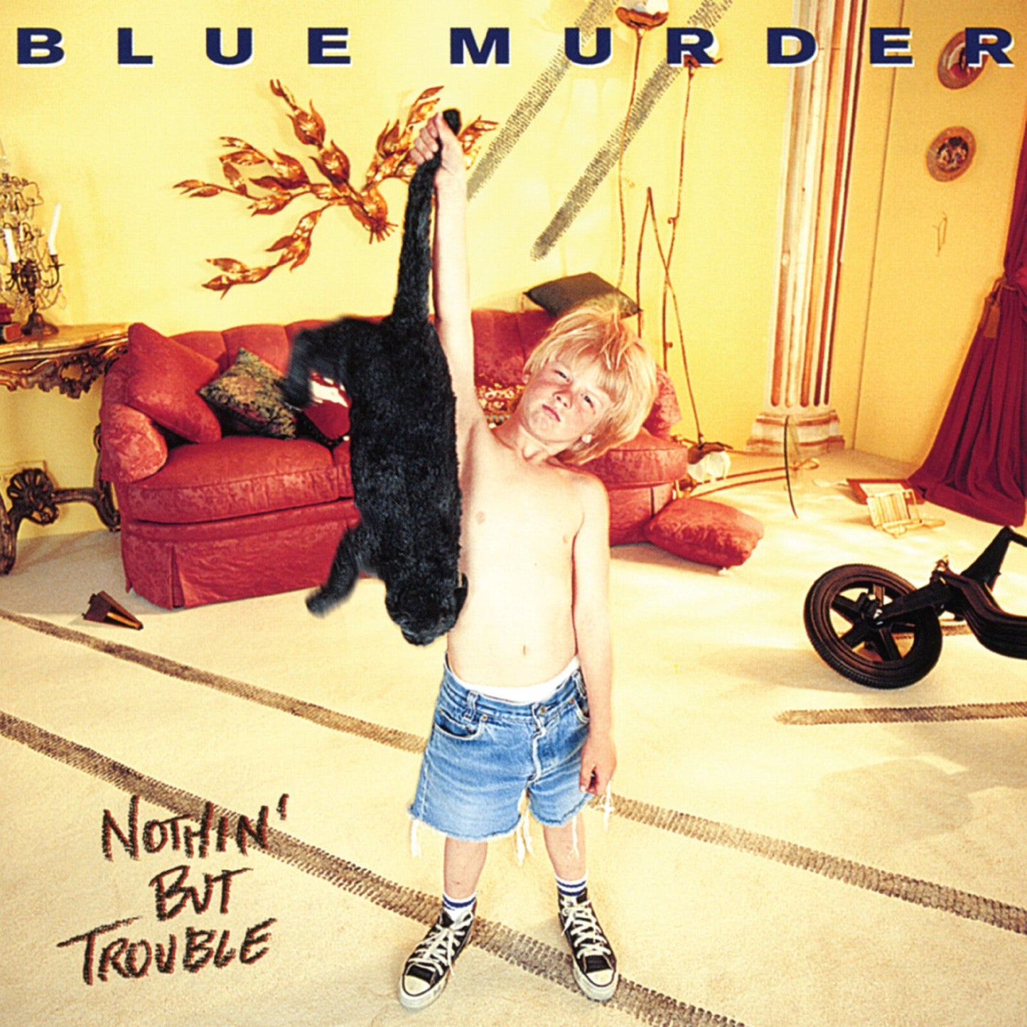 Album cover: boy holding a cat in a lavishly decorated room.