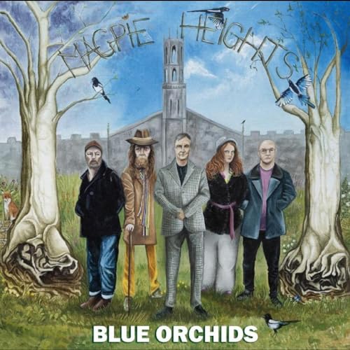 Painted album cover featuring five people and magpies near a tower.