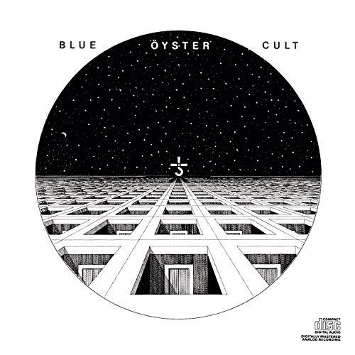 "Album cover art: black and white illustration of a starry night sky and geometric structure."