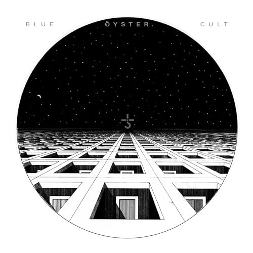 Black and white album cover with a starry night sky and maze-like building.