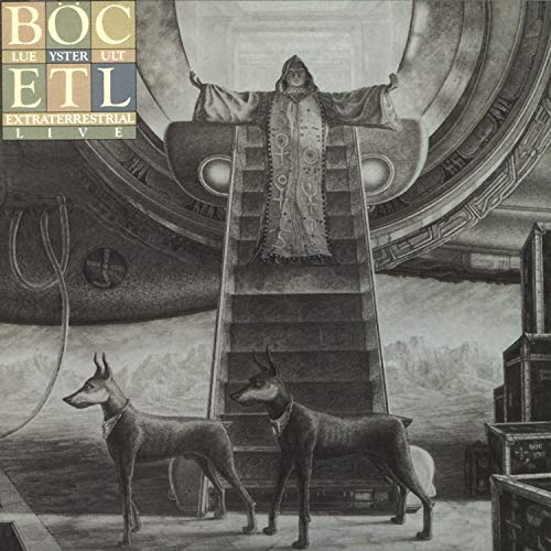 Blue Oyster Cult album cover: a robed figure with dogs, grayscale art.