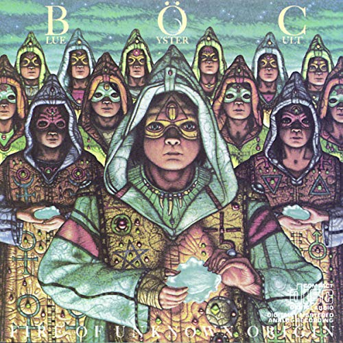 Album cover for Blue Oyster Cult’s “Fire of Unknown Origin” featuring hooded figures.