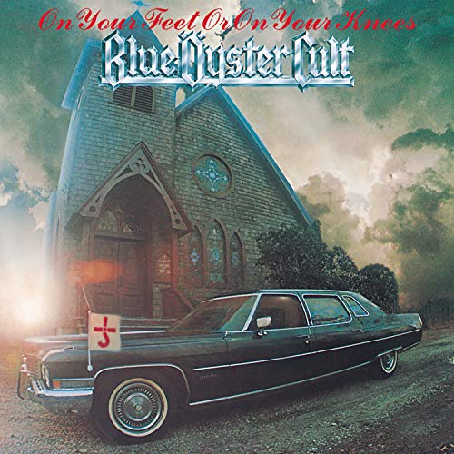 Blue Oyster Cult album cover with a church and classic car.