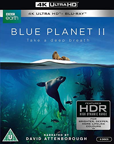 Blue Planet II" Blu-ray cover featuring a seal swimming underwater with an iceberg.