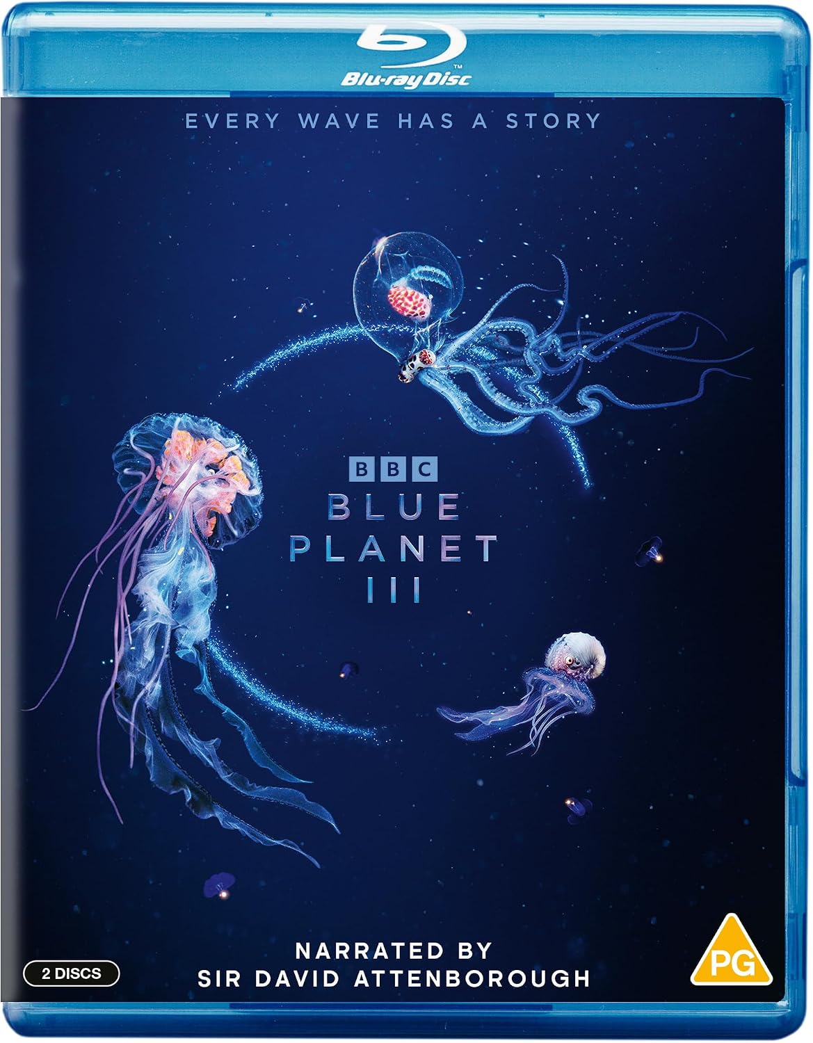 Blue Planet III Blu-ray cover featuring jellyfish and an octopus in deep blue.