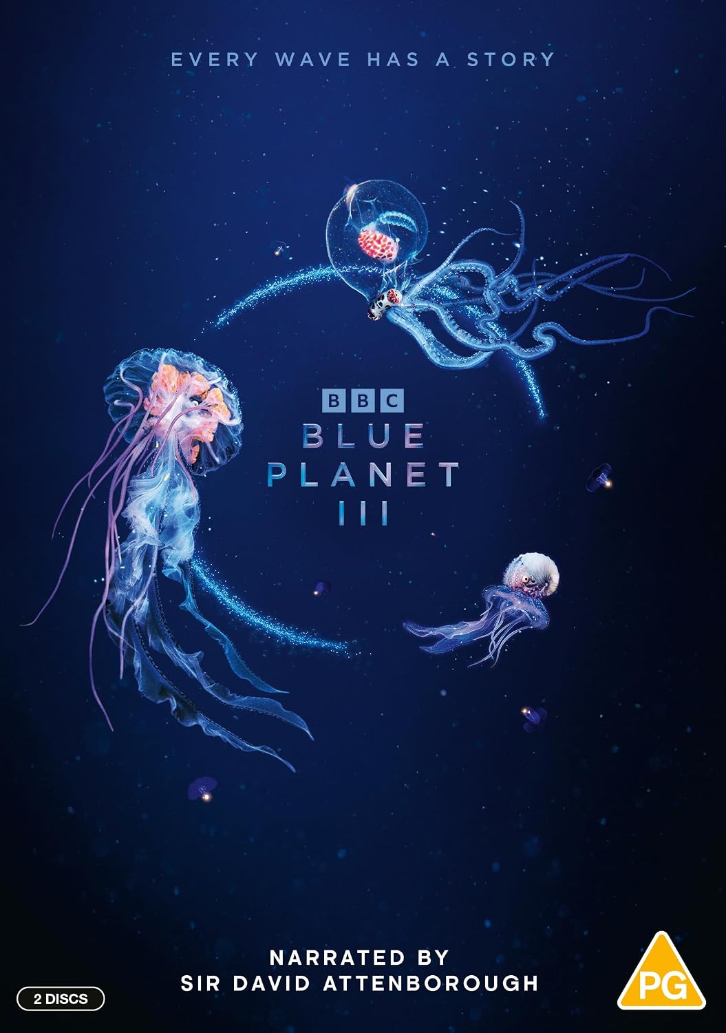 “Blue Planet III” DVD cover featuring glowing jellyfish and the BBC logo.