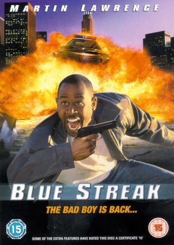 Movie cover for "Blue Streak" featuring Martin Lawrence with explosions.